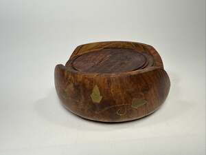 Carved wooden coasters set with holder inlaid brass leaves and vines VTG Boho L2